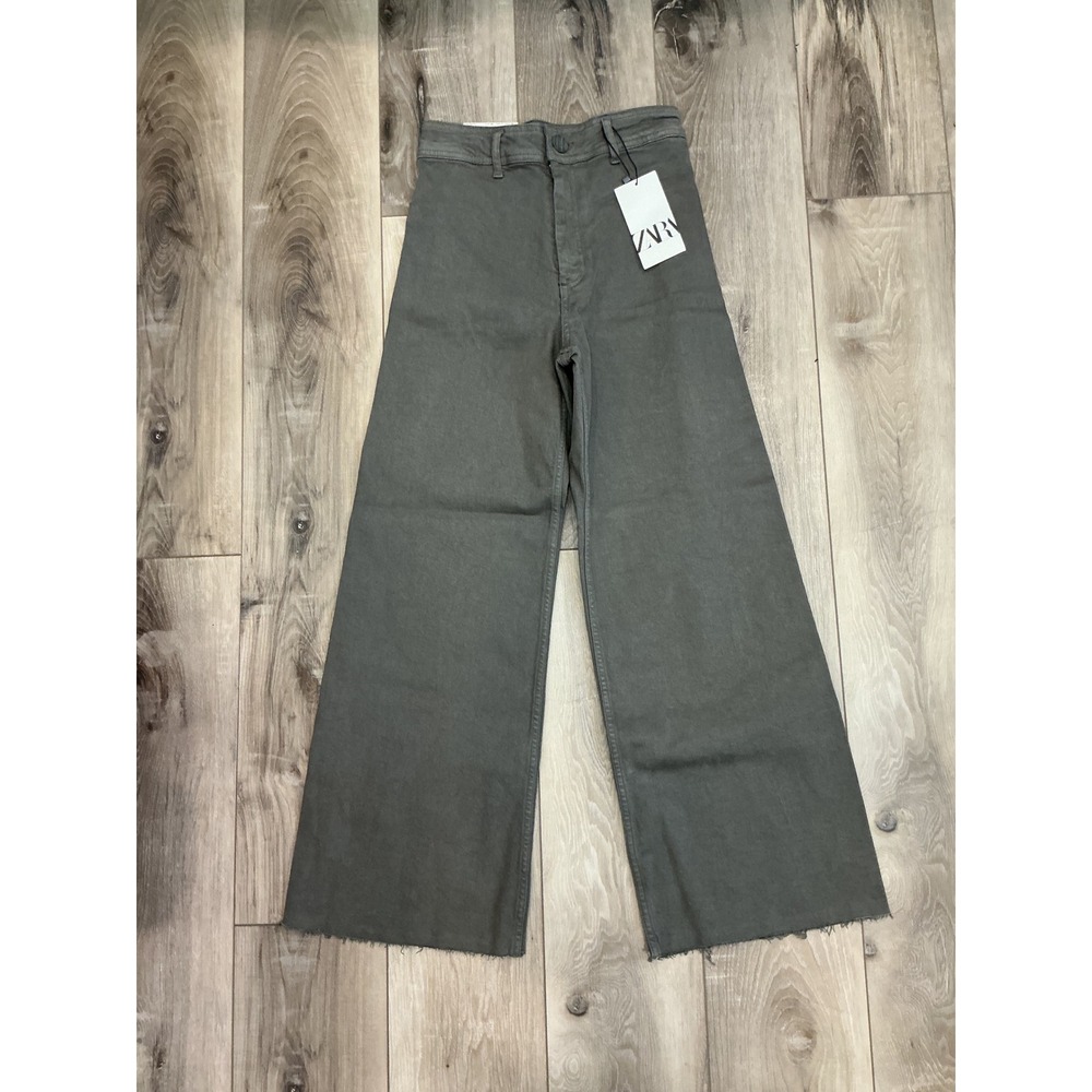 Zara Marine Straight High Rise Wide Leg Pants Grey Green Raw Hem Size 4 26